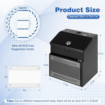 xydled Suggestion Box with Key Lock Magnetic Acrylic Sign Holder, Metal Donation Ballot Drop Box with Slot Tip Jar for Office, Fundraising, Church, School, 8.1'' x 7.1'' x 5.7'', Black