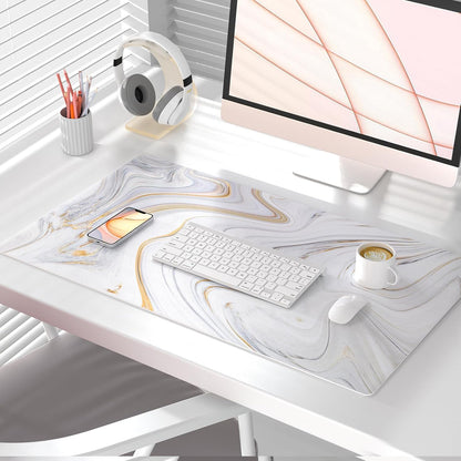 QIYI Large Mouse Pad, Cute Marble White Desk Mat, PU Leather Desk Protector Mousepad, Gold Grey Striped Waterproof Computer Keyboard Gaming Mouse Pads, Non Slip Extended Writing Pad 31.5" x 15.7"