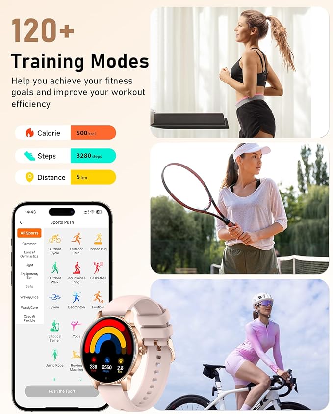 Smart Watch for Women, Answer/Make Call,1.27'' Touchscreen, 120+ Sports Modes Fitness Tracker, 24H Heart Rate/SpO2/Sleep/Menstrual Cycle/IP68 Fitness Watch for Android iOS, 4 Straps (Rose Gold)
