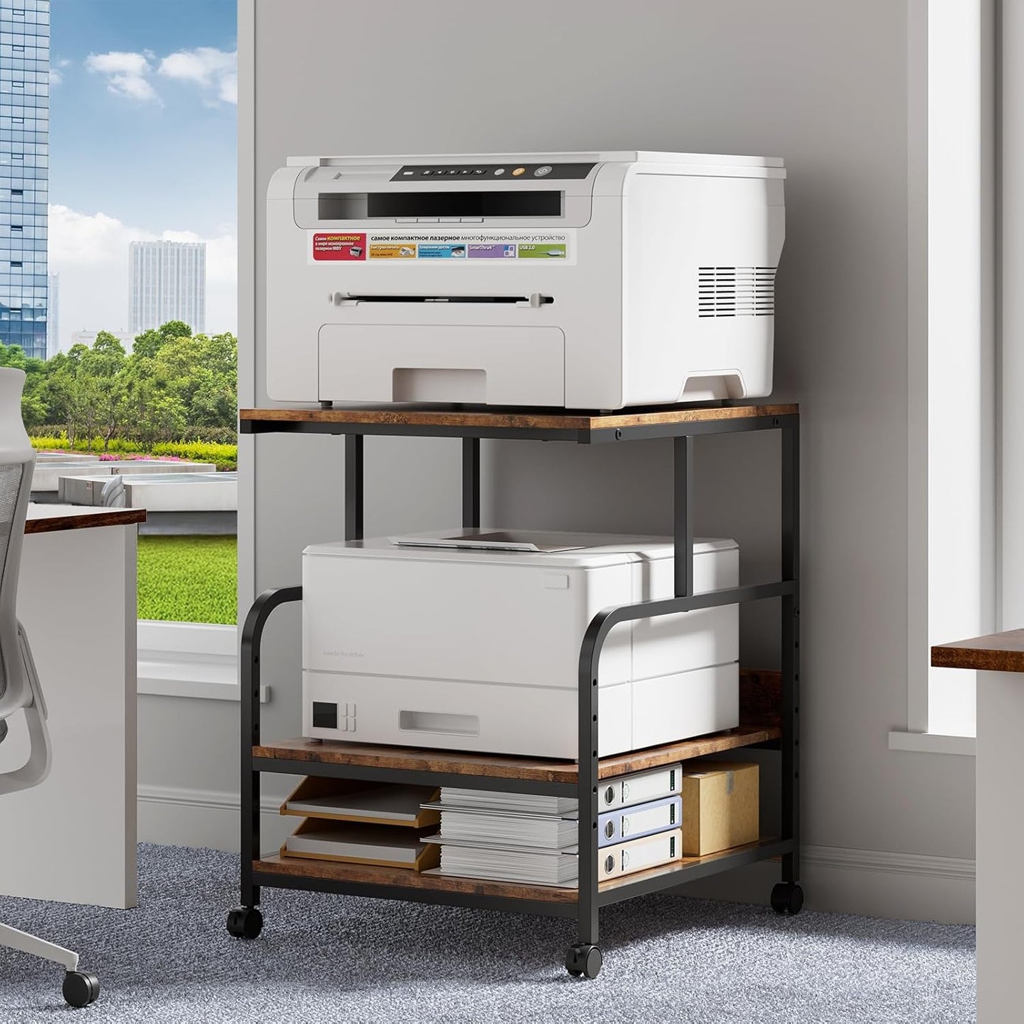 Warmiehomy 24x24 inches Printer Stand with Adjustable Storage Shelf - Large Printer Table with Wheels - 3 Tier Rolling Cart - Use for 3D Laser Printer Mini Fridge Home Office (Brown)