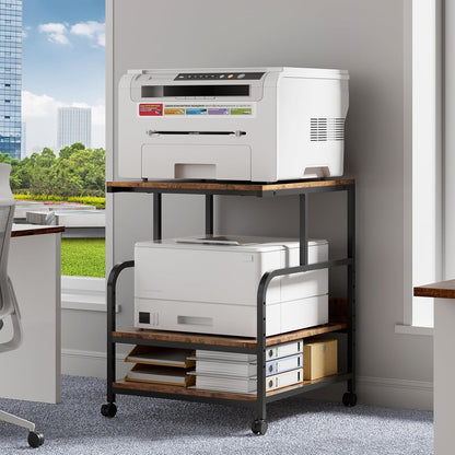 Warmiehomy 24x24 inches Printer Stand with Adjustable Storage Shelf - Large Printer Table with Wheels - 3 Tier Rolling Cart - Use for 3D Laser Printer Mini Fridge Home Office (Brown)