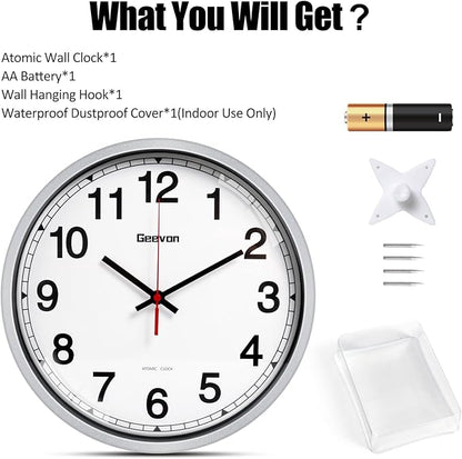Geevon Atomic Wall Clock 14 Inch, Atomic Analog Wall Clocks Battery Operated, Large Digits Automatic Clock for Kitchen/School/Classroom/Bedroom/Living Room (Silver Frame)