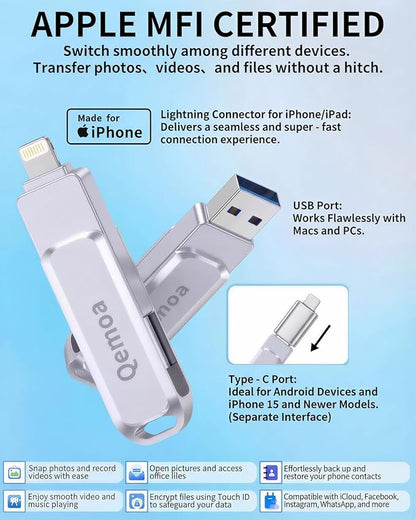 MFi Certified 512GB Flash Drive Photo Stick for iPhone, External Memory Photo Keeper Storage for Data Saver/Backup/Transfer Files/Picture/Video/iPhone/iPad/iOS/Android/PC (Gray)Available Space: ~484GB