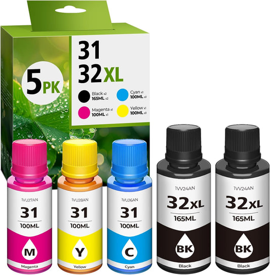 31 32XL Ink Bottle Set, Smart Tank 7602 5101 6001 651 Ink Refill Compatible with HP 31 Ink 32XL Black Ink Bottle Set for Smart Tank 5101 7602 5000 651 5103 6001 7301 7001 7302 5102 7002 7006 Printers