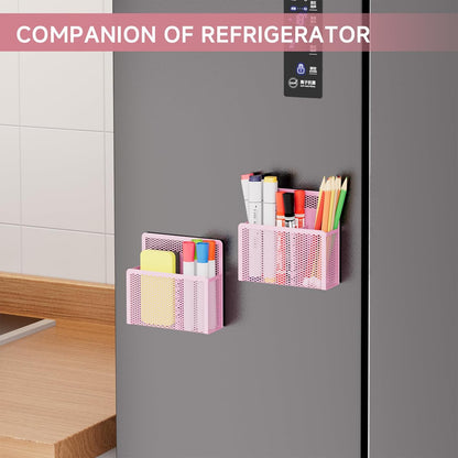 Magnetic Dry Erase Marker Holder, Mesh Pen Holder for Whiteboard，Magnet Pencil Organizer Storage for Refrigerator Locker Accessories Organizer for Home, School and Office(Pink)
