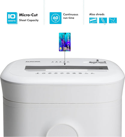 Aurora High-Security 10-Sheet Micro-Cut Paper and Credit Card Shredder with 6 Gallon Pullout Basket / 60 Mins Running Time/Security Level P-5