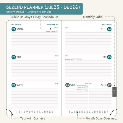 BEZEND Pocket Planner 2025-2026 Weekly and Monthly, 3.5" x 6" Academic Planner (Jul 25-Dec 26) 18-Month Mid-Year Calendar Book, Storage Pocket, Pen Holder, PU Leather Hardcover - Dark Green