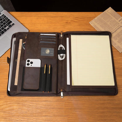 Genuine Leather Portfolio, Legal Size 8.5 x 14 Pad Holder, Business Padfolio for Men and Women, Zippered Laptop Organizer, Executive Professional Work Travel Notepad Folio, Dark Khaki