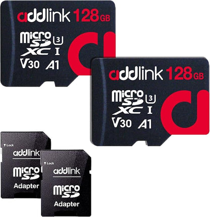 addlink 128GB 2-Pack Micro SD Card, 4K Video Pro, Compatible with GoPro, Security Camera, Dash cam, Drone 100MB/s MicroSDXC Memory Card UHS-1 U3 V30 A1 with 2 SD Adapter (ad128GBMSXU3AX2)