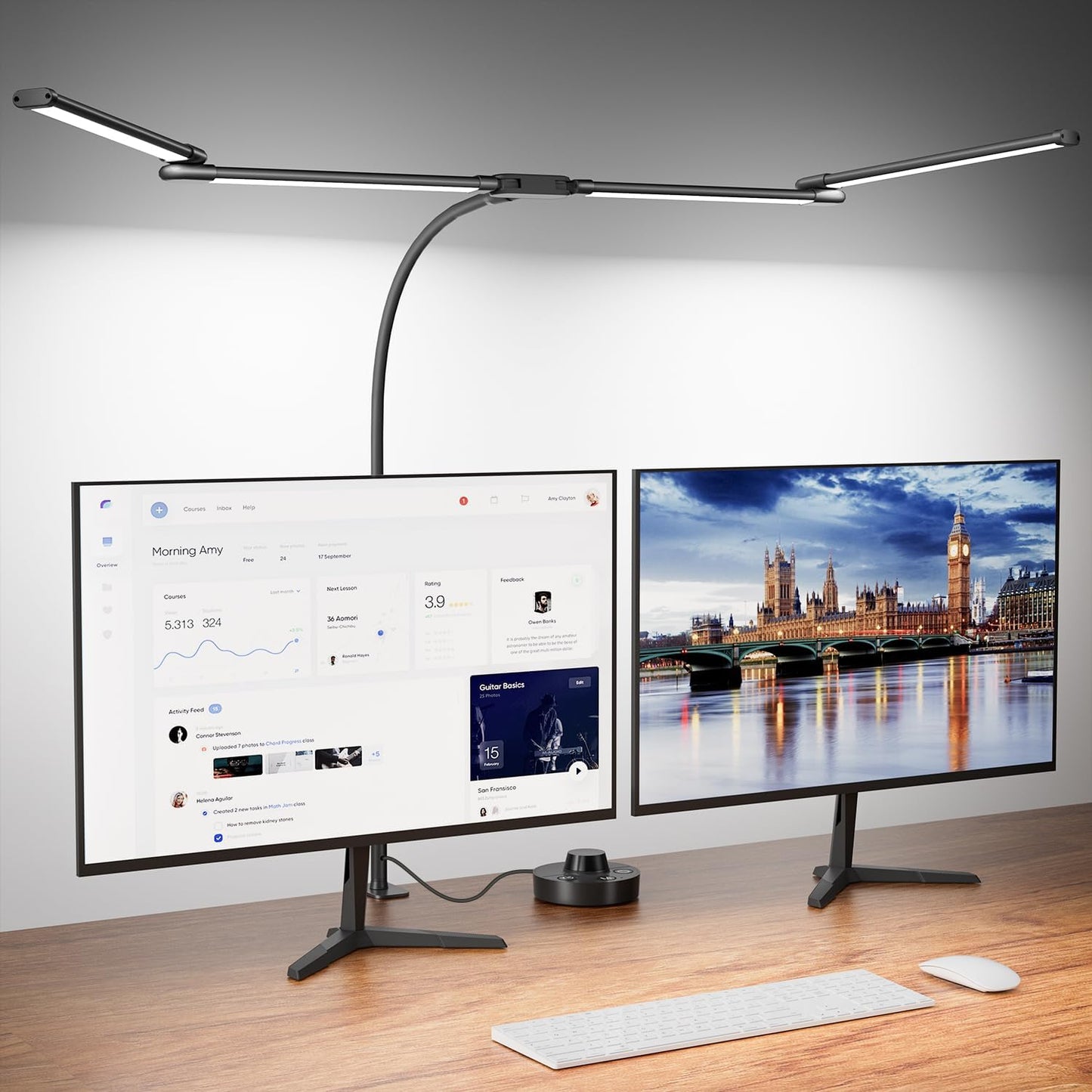 LED Desk Lamp with Clamp, 24W Ultra Architect Desk Lamp for Home Office, Stepless Dimming & Adjustable Gooseneck, Eye-Caring Light with USB Adapter for Reading, Study, Multi-Screen Setup (Black)