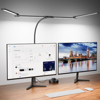 LED Desk Lamp with Clamp, 24W Ultra Architect Desk Lamp for Home Office, Stepless Dimming & Adjustable Gooseneck, Eye-Caring Light with USB Adapter for Reading, Study, Multi-Screen Setup (Black)