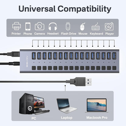 Powered USB 3.1 Hub, ACASIS 16 Ports USB 3.1 Hub with 10Gbps Data Speed，Aluminum Housing, USB Hub Powered with 96W Power Adapter, USB Hub for PC/Laptop, Computer, Flash Drive, Printer, Camera