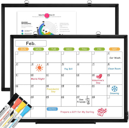 Dry Erase Calendar Whiteboard for Wall, 36" x 24" Double-Sided Magnetic Monthly WhiteBoard Calendar Dry Erase, Wall Hanging Aluminum Frame Calendar Board with Tray for Home, School, Office