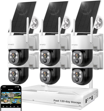 XMARTO 100% Wire-Free Solar PTZ Home Security Camera System Wireless, 6-Set 2K 4MP QHD CCTV Camera Kit with 4K 10CH Expandable WiFi NVR and Past 90-Day Video Storage, All-Weather Solar Charge