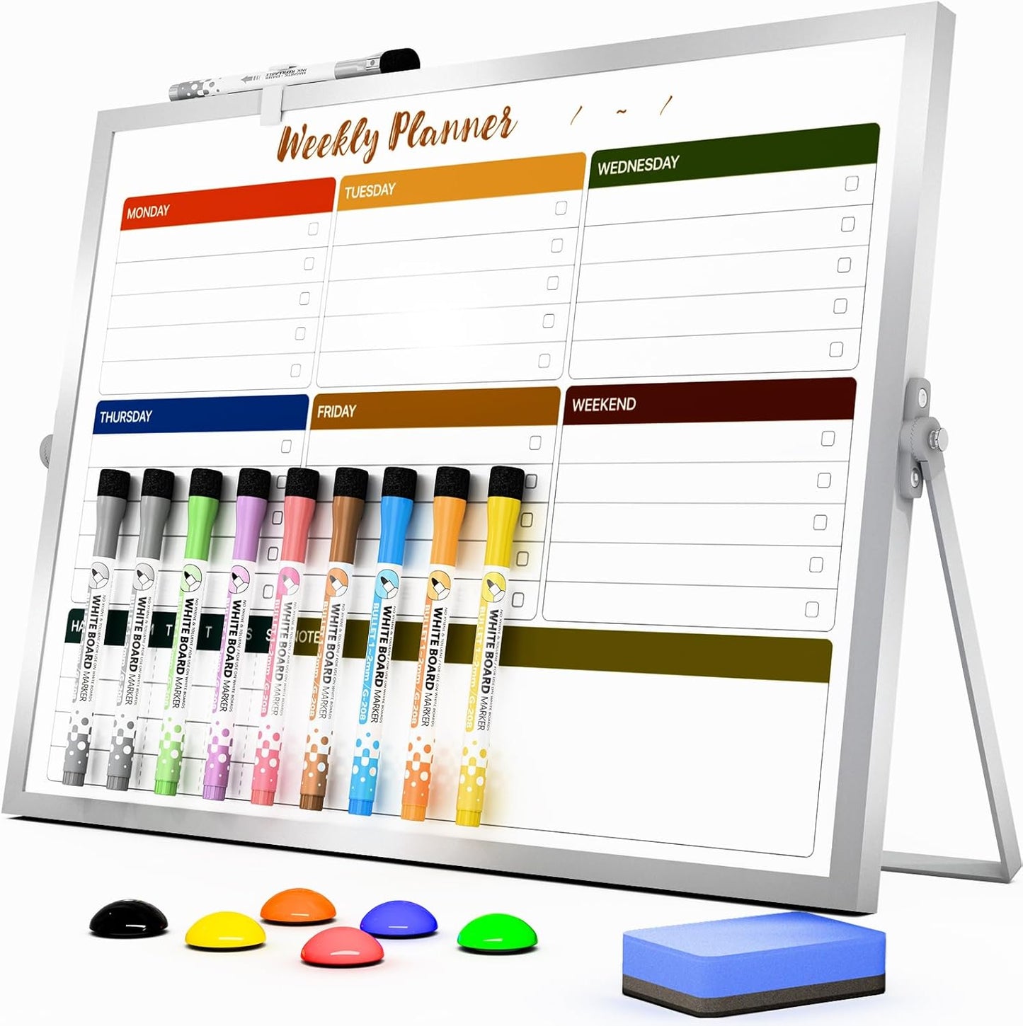 Dry Erase White Board with Stand,Double-Sided Weekly Whiteboard 12"x16", 10 Markers, 6 Magnets, 1 Eraser, Portable Desktop Whiteboard for Planning,Weekly Schedule Board for School for Home