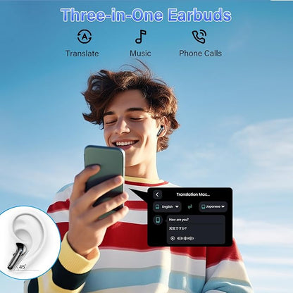 AI Translation Earbuds Real Time with Audio and Video Calls, 164 Language/7 Translation Modes Translator Earbuds Bluetooth 5.4 with APP, 48H AI Ear Buds Translator Device for Business/Learning/Travel