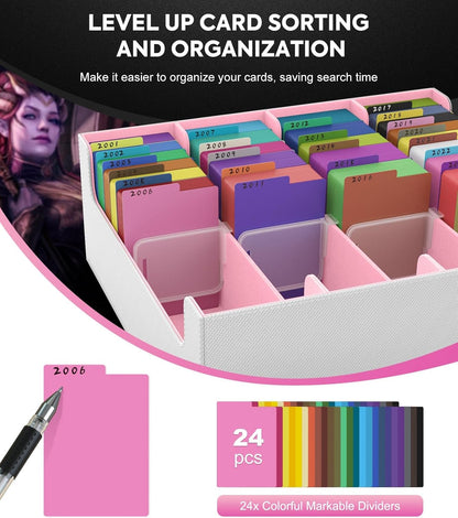 MoKo Trading Card Storage Box, 3000+ MTG Deck Box with 24 Colorful Dividers & 4 Card Supporters, Commander Card Deck Case Fits for Magic Game Cards, YugiOh, TCG, PTG and Sport Cards, White+Pink