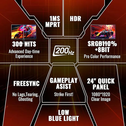 SANSUI 24 Inch Gaming Monitor 200Hz 180Hz 1Ms FreeSync HDR 110% sRGB FHD 1080P Computer Monitor HDMI DP Ports Eye Care Frameless VESA Mount Cable Management (ES-G24F4L HDMI Cable Included)