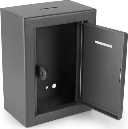 Metal Charity Donation Box - Secure Steel Collection Box with Front Slot, Easy Wall Mount, 8.5x6.5x4" Gray