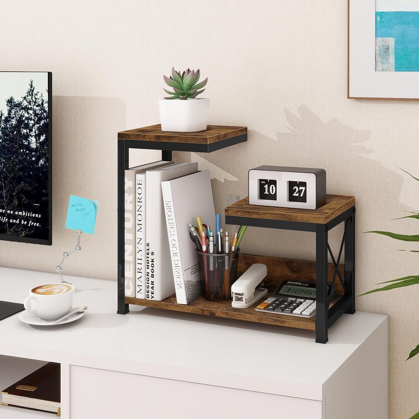 ELITEROO Desktop Shelf Organizer, 3 Tier Office Shelves, Wood Desk Organizers Storage Rack and Freestanding Display Shelf for Office, Dormitory, Home, Rustic Brown