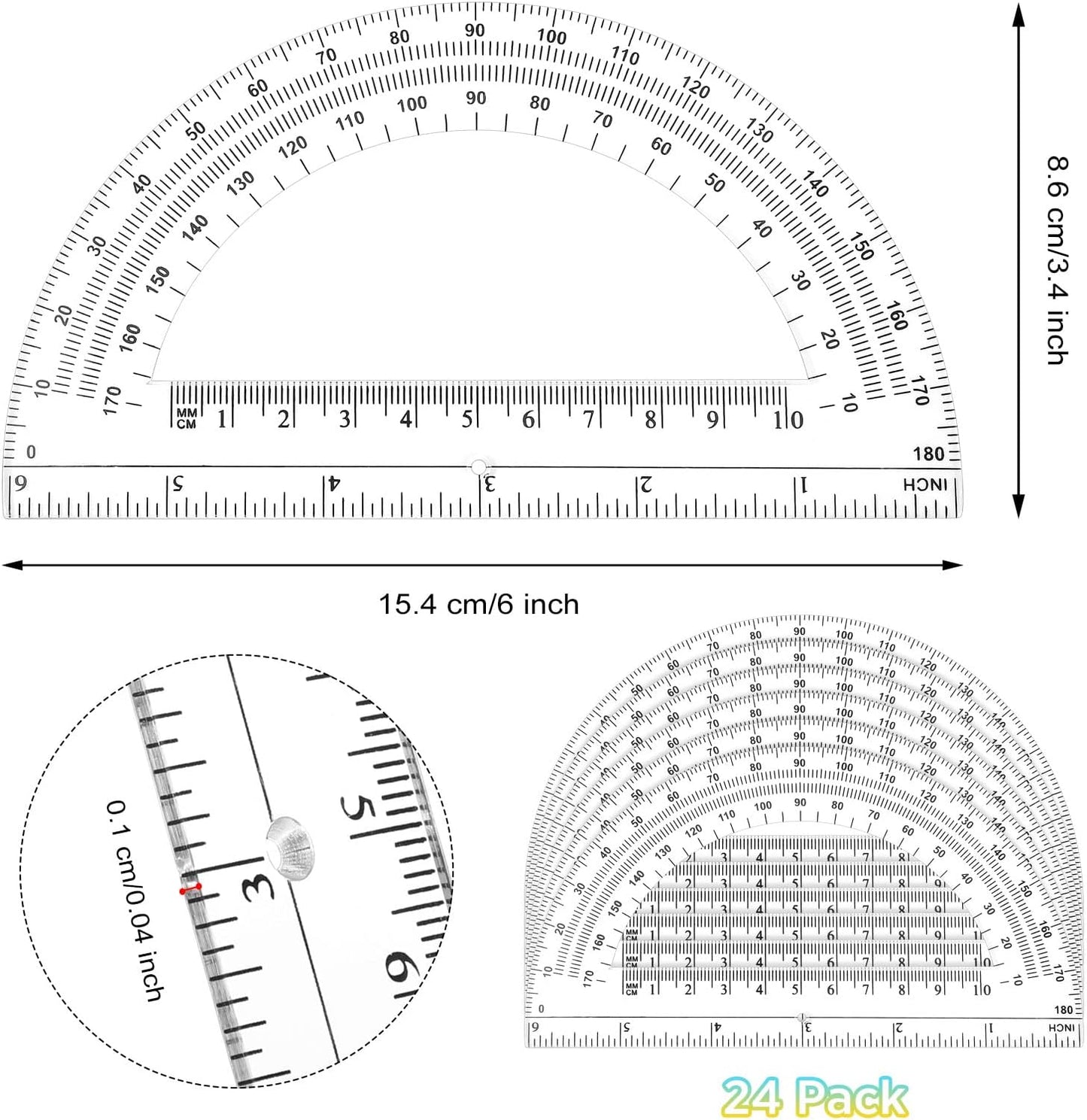 Zonon 24 Pieces Plastic Protractors Bulk Classroom Clear Math Protractors 180 Degrees 6 Inch for Geometry Student, Angle Measurement, Students Back to School Supplies Office Supplies