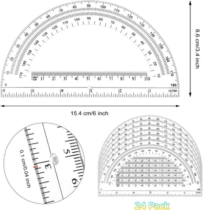 Zonon 24 Pieces Plastic Protractors Bulk Classroom Clear Math Protractors 180 Degrees 6 Inch for Geometry Student, Angle Measurement, Students Back to School Supplies Office Supplies
