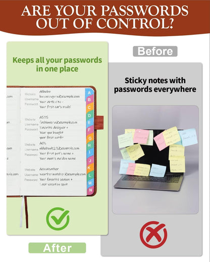 Small Password Keeper Book with Colorful Alphabetical Tabs, Hardcover Password Log-book for Internet Password and Website Address, 4.1"×6.2" Password Notebook for Home Office (Sienna)