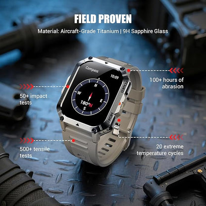 Military Smart Watch for Men (Answer/Make Calls), 2.01" Fitness Watch Tracker with 100-Day Battery/Flashlight/Compass/Heart Rate/120+ Sports Modes/IP68 Waterproof Smartwatch for iOS Android(2 Straps)