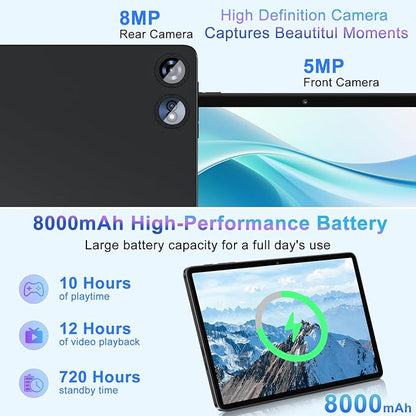 Tablet 10 inch Android 15 Tablets 30GB RAM 128GB ROM 1TB Expand, 8000mAh Octa-Core Tablets with Keyboard Mouse, HD IPS Display, Gemini AI, GPS, 5G WiFi, Widevine L1, Split-Screen - Metal Black