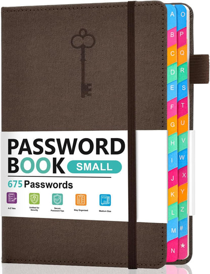 Password Keeper Book with Colorful Alphabetical Tabs, Hardcover Password Log-book for Internet Password and Website Address, 4.1 x6.2 ''Password Notebook for Office (Chocolate, Small)