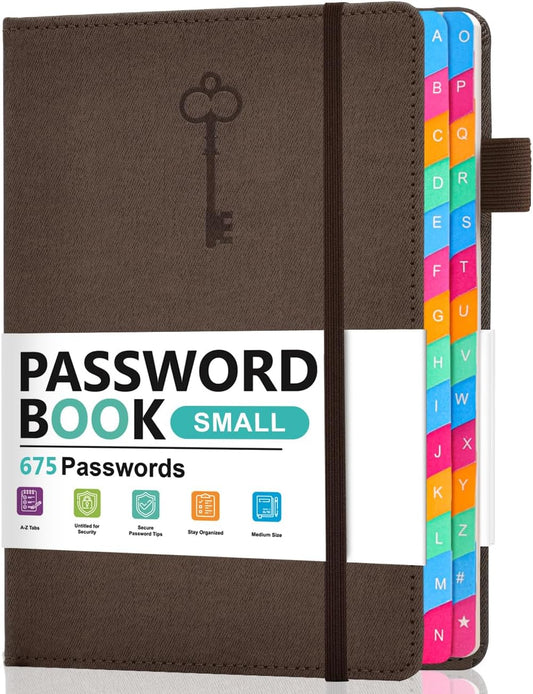 Password Keeper Book with Colorful Alphabetical Tabs, Hardcover Password Log-book for Internet Password and Website Address, 4.1 x6.2 ''Password Notebook for Office (Chocolate, Small)