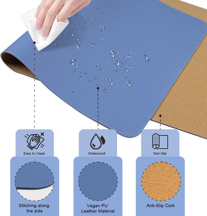 Non Slip Desk Mat, 31.5" x 15.7" PU Leather Desk Pad, Cork Desk Mat for Desktop, Desk Pad for Keyboard and Mouse, Ideal for Office and Home, Lake Blue