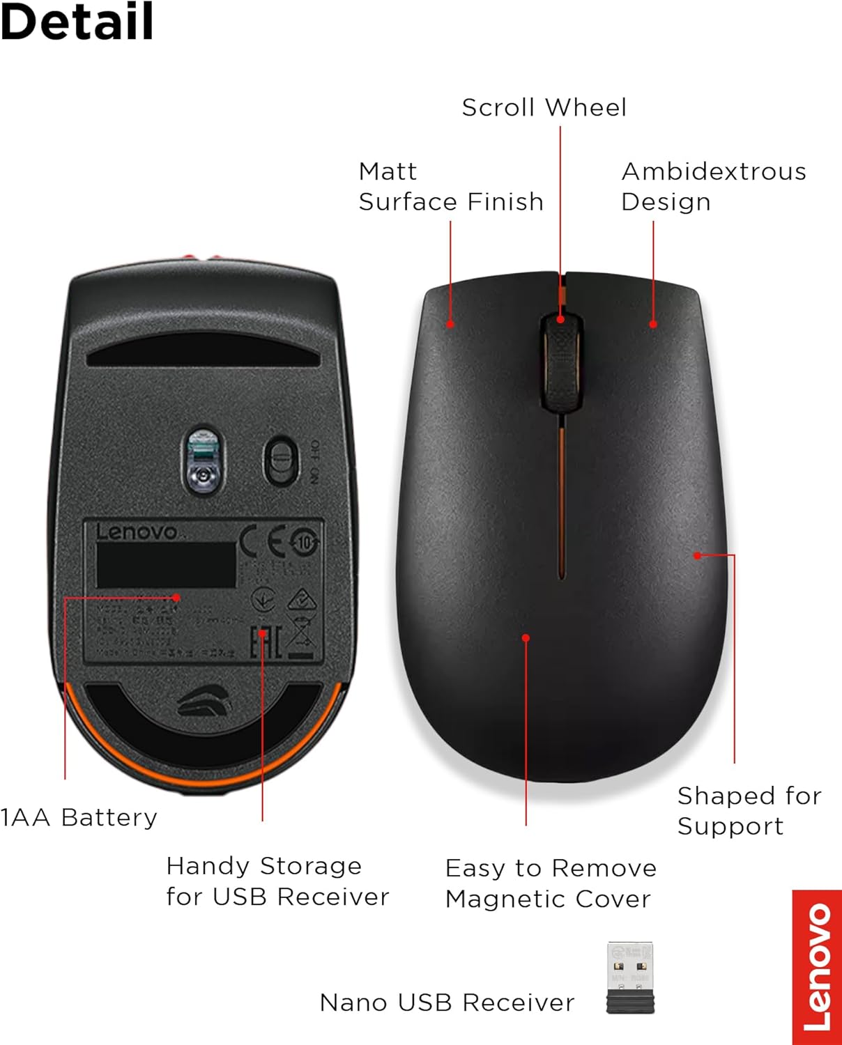 Lenovo 300 Wireless Mouse – Computer Mouse for PC, Laptop with Windows – Ambidextrous Design – 2.4 GHz Nano USB Receiver – 12 Month Battery Life