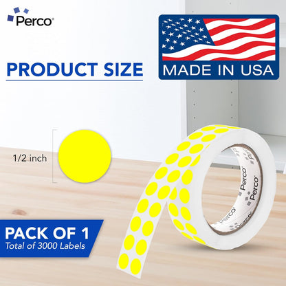 Perco Fluorescent Yellow 1/2-Inch Round Circle Dot Sticker Labels with Easy Peel Perforation - 3,000 Labels per Roll - Strong Adhesion, Vibrant Colors for Organizing, Crafting & More - Made in USA