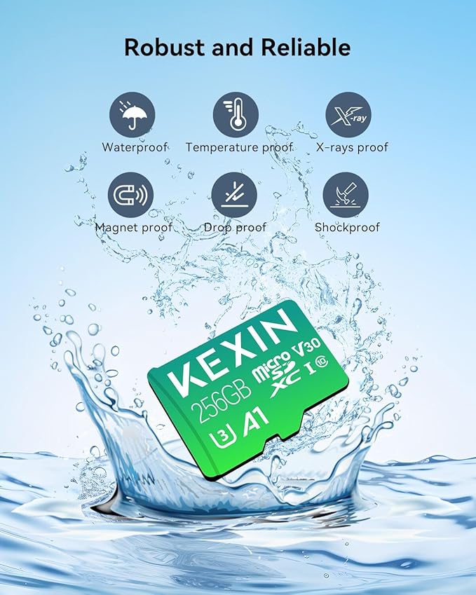 KEXIN 256GB Micro SD Card with Adapter - Up to 90MB/s 4K, V30, A1, C10, 4K UHD High Speed microSDXC UHS-I Memory Card Compatible with Action Camera Drone Game Console Smartphone Tablet,256 G,Single