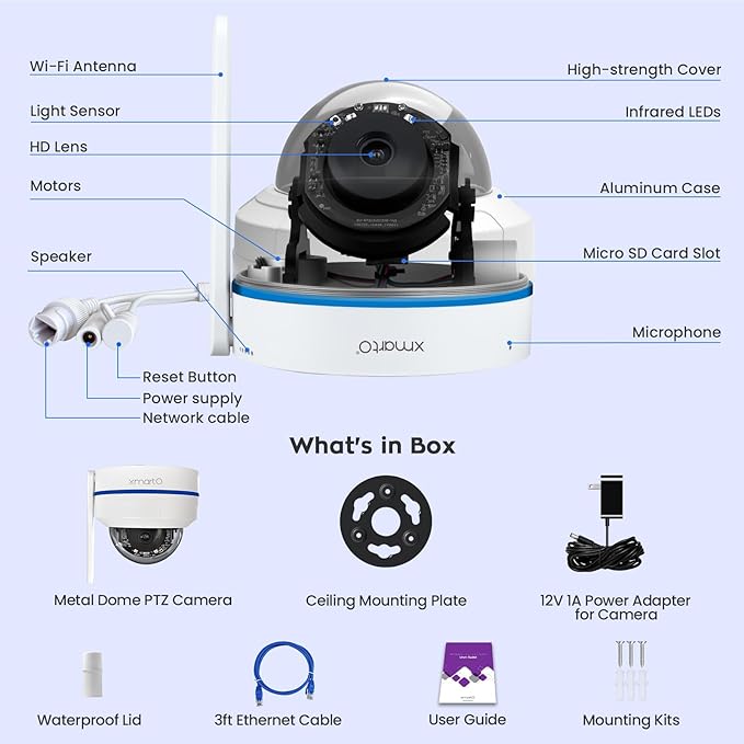 xmartO [AI Tracking Ceiling CAM] 2K HD Metal Dome PTZ Wireless Security Camera with Automatic-Follow, 2-Way Audio and Night Vision (Add on to NVR or Use Standalone, DPK3034)