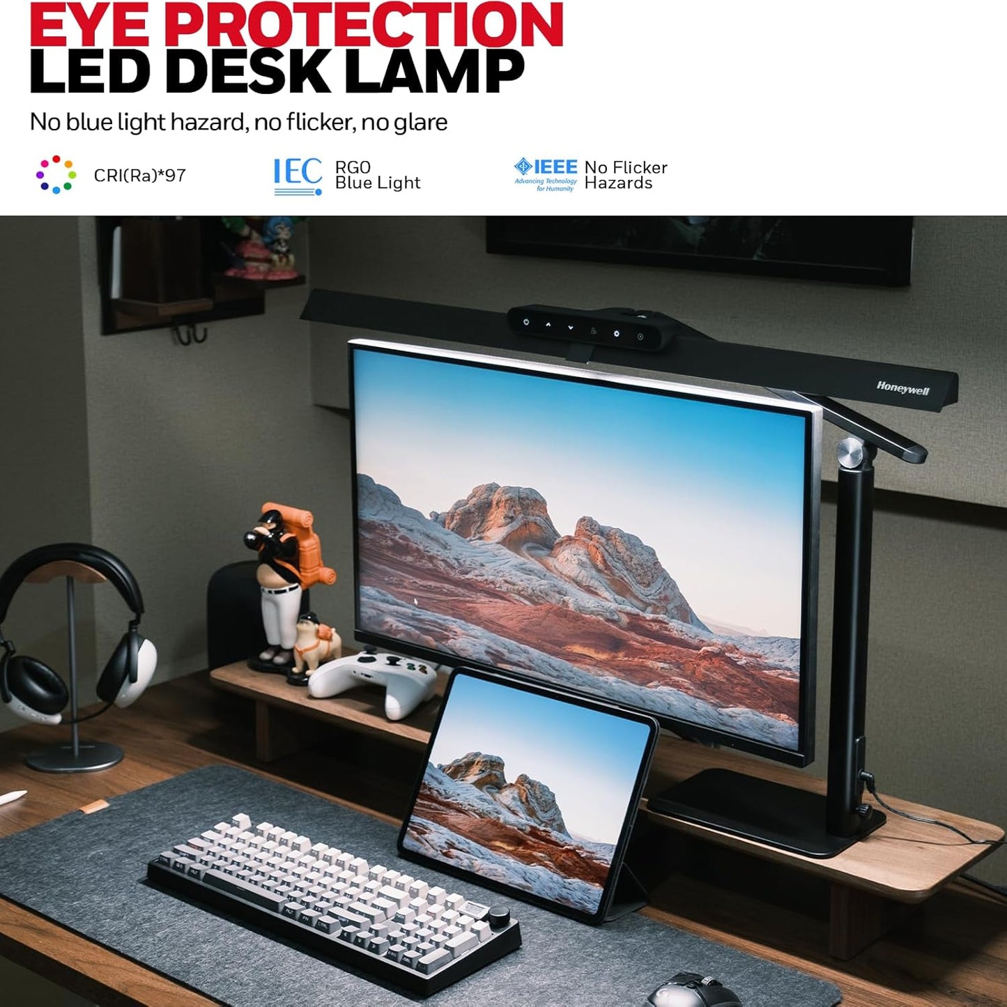 Honeywell LED Desk Lamp with Base - HJ1BK Sunturalux Eye-Caring Architect Desk Lamp for Home Office, 1200LM Computer Desk Light 4 Color Modes Stepless Dimming Task Desk Light with Timer Function Black