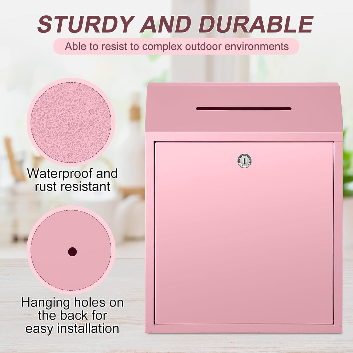 Metal Donation Cash Box Collection Safe Suggestion Box with Lock Wall Mounted Mailbox Delivery Ballot Container for Home Office Outdoor Door(Pink,15 x 12 x 4 Inch)