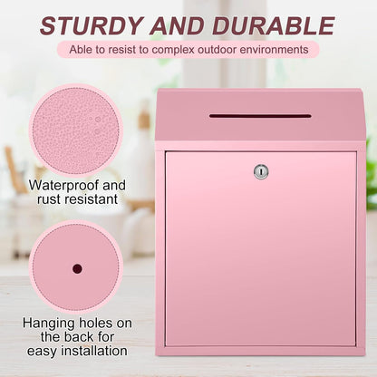 Metal Donation Cash Box Collection Safe Suggestion Box with Lock Wall Mounted Mailbox Delivery Ballot Container for Home Office Outdoor Door(Pink,15 x 12 x 4 Inch)