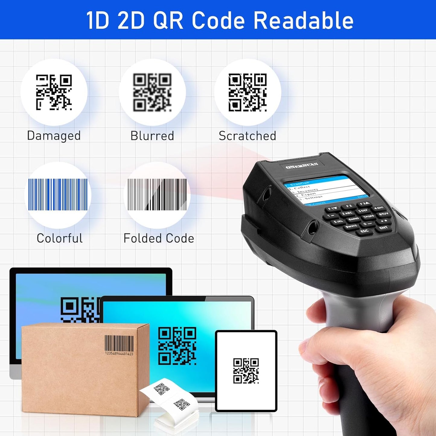 1D 2D Wireless Barcode Scanner, Onewscan Portable Inventory Scanner with Charging Base Data Collector Barcode Reader Data Terminal 2.4G Wireless & USB Connection Bar Code Scanners with 2" LCD Screen