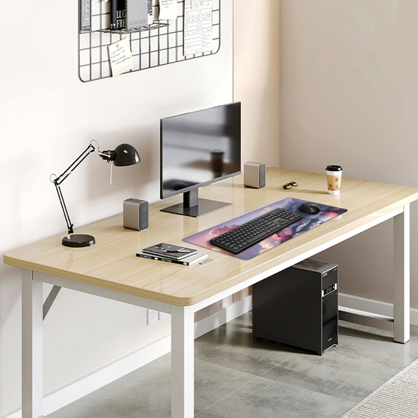 Volcano and Cherry Blossoms Desk Pad Mouse Pad,Large Nature Mouse Mat with Stitched Edges,Non-Slip Rubber Base Mousepad for Office PC Keyboard Laptop and Home Work Desk Mat(27.5X11.8 in)