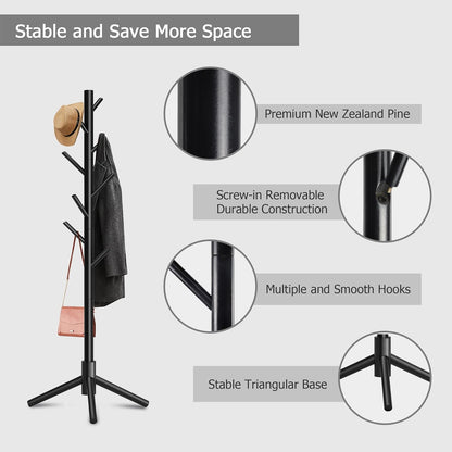 Wooden Coat Rack, Free Standing Coat Rack with 8 Hooks 3 Adjustable Heights for Clothes, Hats, Handbags, Coat Tree Easy Assembly for Entryway, Bedroom, Hallway, Office (New Black)
