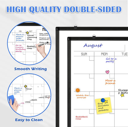 WALGLASS Dry Erase Calendar Whiteboard, 48" x 36" Monthly Large Dry Erase Calendar for Wall, Double-Sided Hanging White Board with Black Aluminum Frame for Home, School, Office, Kitchen