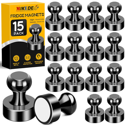 MIKEDE Fridge Magnets, 15Pcs Strong Neodymium Push Pins for Whiteboard, Black Refrigerator Magnets for Office, School, Classroom, Kitchen