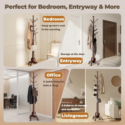 Wood Coat Rack Freestanding, Solid Wooden Hall Tree with 8 Hooks, Coat Tree Freestanding Heavy Duty with Stable Base, Entryway Hallway Bedroom Office Use, 240lbs Load Capacity H:71.6in (Black-Red)