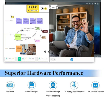 86'' Smart Board, 4K Touch Screen Interactive Whiteboard Display, AI Camera with 8 Mics, Android 13.0 8+128G, All in One Smartboard for Classroom Office Home (Board+Wall Mount)