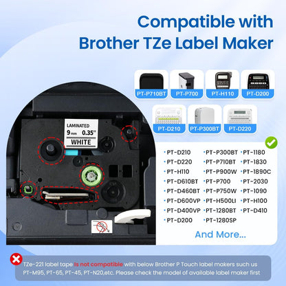 Labelife TZe-221 Label Maker Tape 9mm Compatible with Brother P Touch Label TZe TZ Tape 9mm 0.35 Laminated White 3/8 Inch TZe221 for Brother Ptouch PT D210 PTD220 PT-D200 PT-H110 PTD400,5-Pack