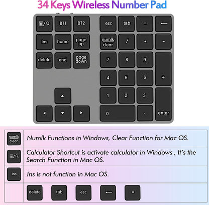 Foloda Bluetooth Number Pad for Laptop, Wireless 10 Keys USB Number Keypad, Rechargeable Numeric Keypad Numpad Extensions Data Entry Keyboard for PC iMac MacBook Notebook