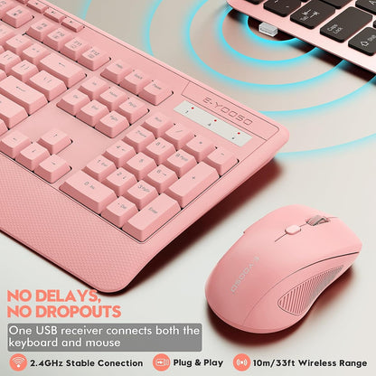 Wireless Keyboard and Mouse Combo, E-YOOSO 2.4GHz Full Sized Ergonomic Wireless Keyboard with Wrist Rest, 3 DPI Adjustable and 6 Buttons Cordless USB Mouse for Computer, Laptop, PC, Windows (Pink)