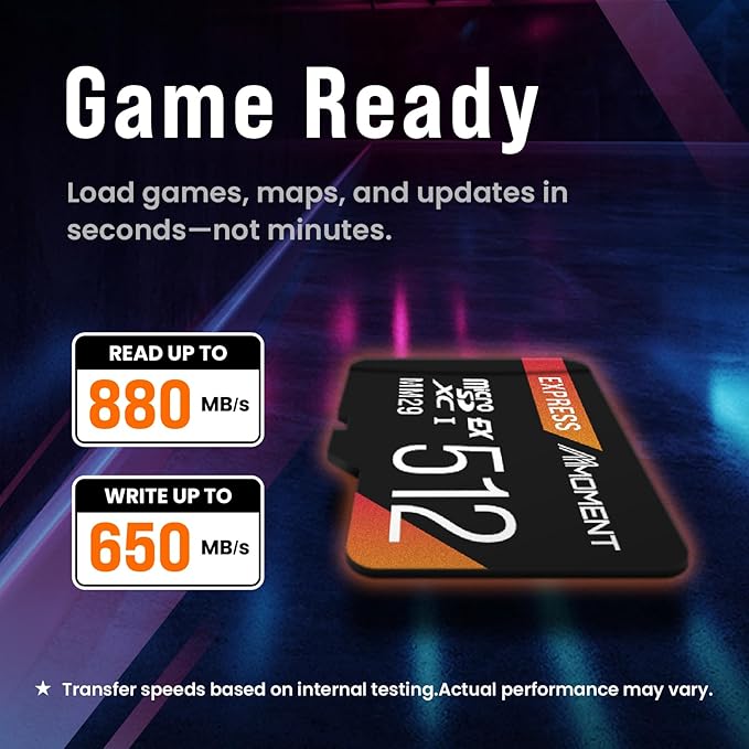 MMOMENT 512GB Micro SD Express Card for Nintendo Switch 2, PCIe Gen3x1, MM29 Model, Up to 880MB/s Read and 650MB/s Write Speed, Black/Orange, Water Resistant Gaming Memory Card